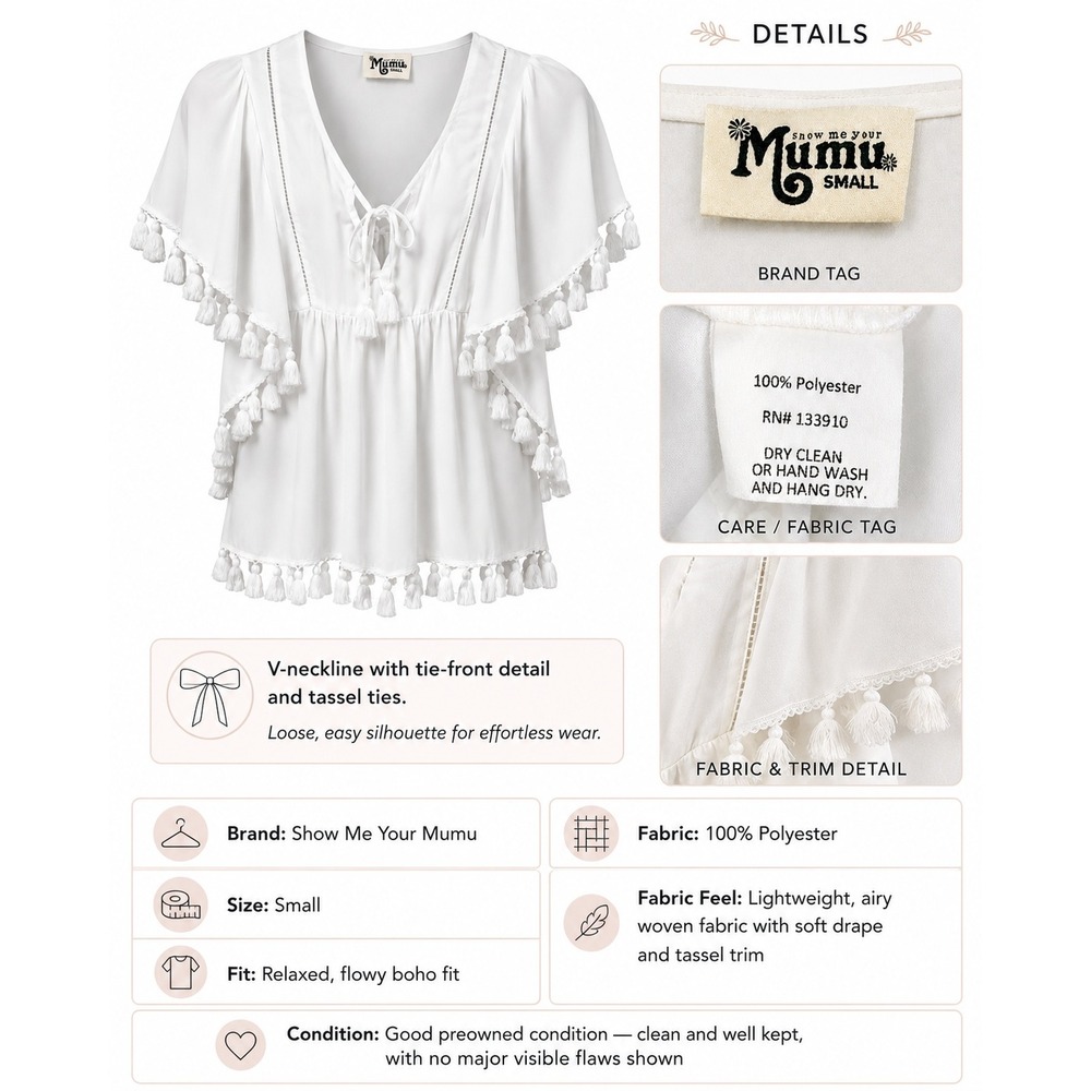 Show Me Your Mumu White Tassel Boho Blouse V-Neck Flutter Sleeve Top Small